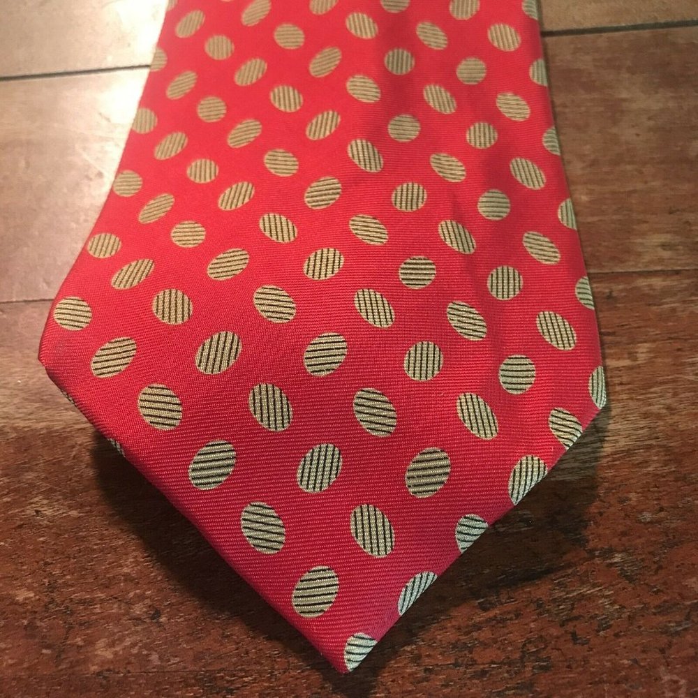 Fendi Mens Tie Italy Pure Silk Red Yellow Polka Dots Ovals Striped Ovals
